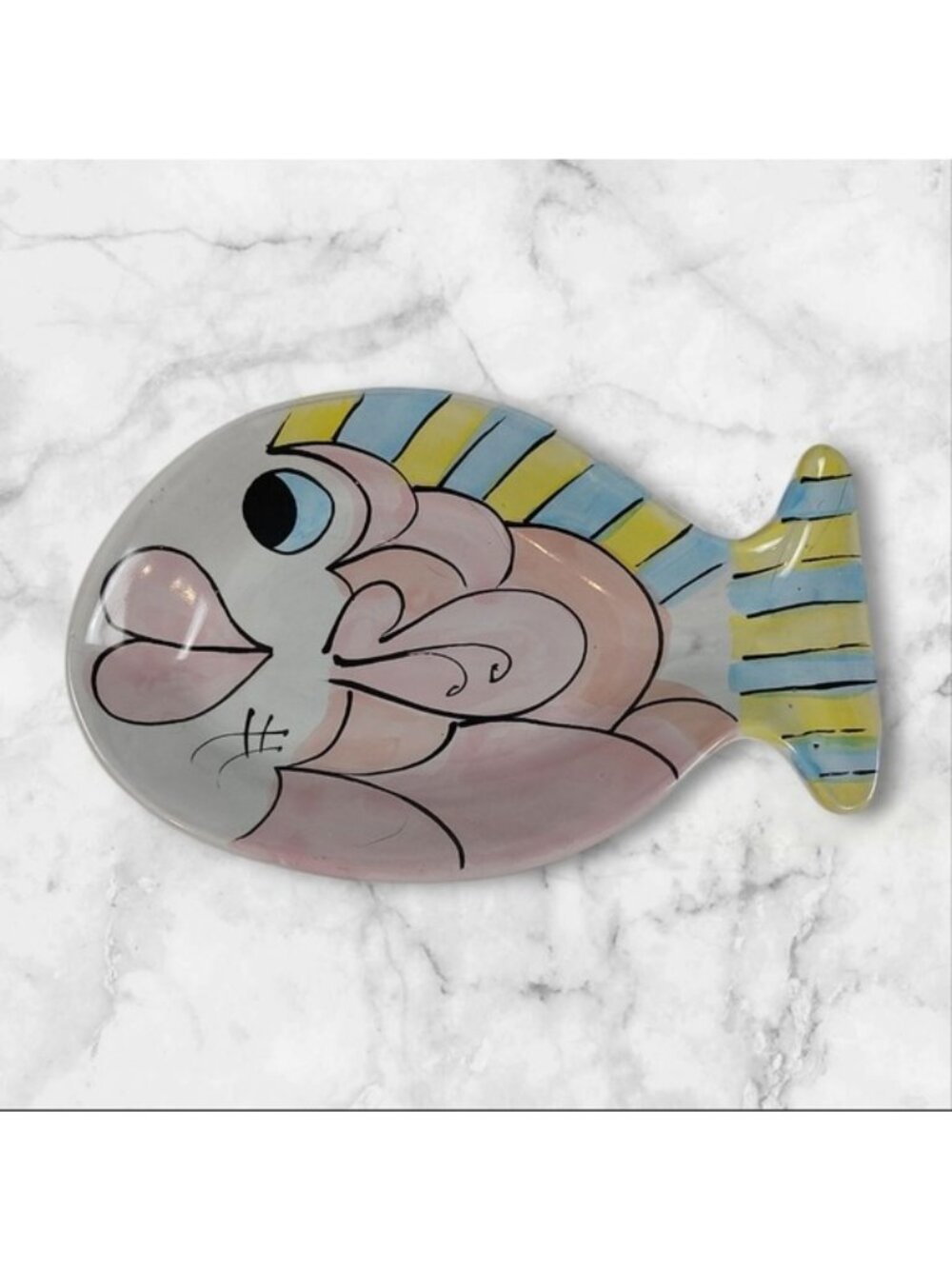 Vintage Whimsical Painted Pottery Fish Plate Signed